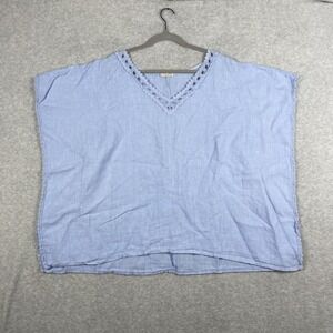 Bellambra Linen Poncho Top Womens Size L Blue Crochet Trim Coastal Resort